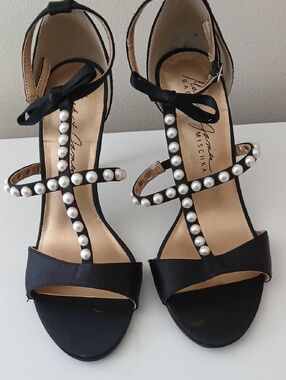 Badgley Mischka Black Satin T-Strap Heels with Pearl Accents and Ankle Bow